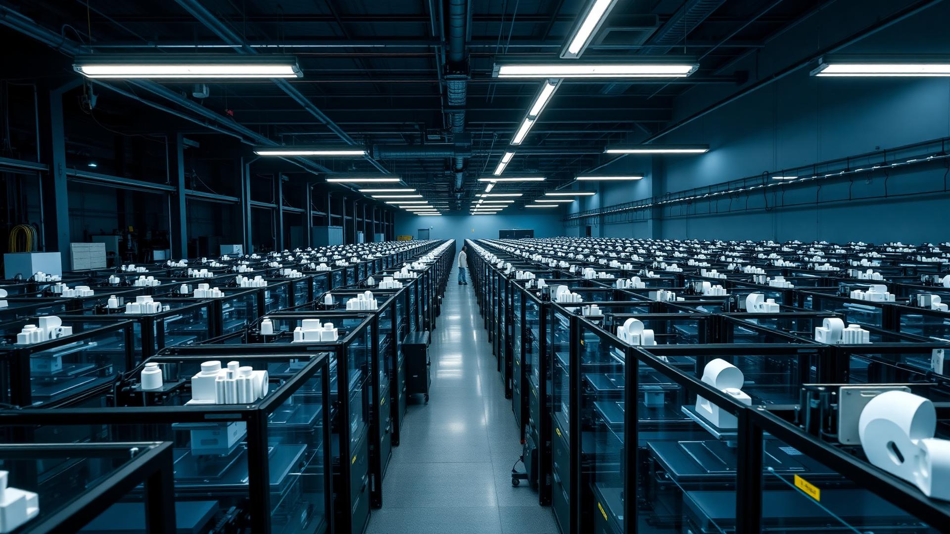 Farm de impressoras 3D industriais em operação